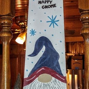 Happy Gnome Art Sign Hand Painted. Blue and Red Up cycled